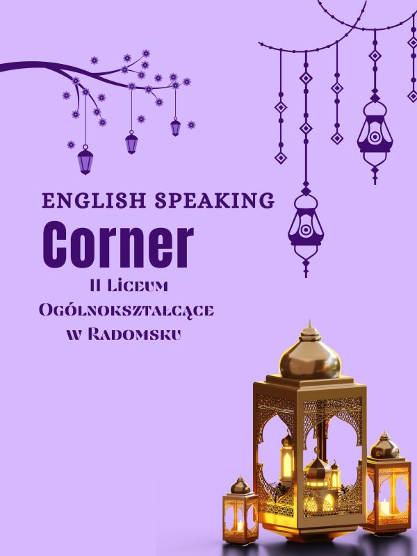 fioletowy plakat z marokańskimi lampami i napisem English Speaking Corner w II LO